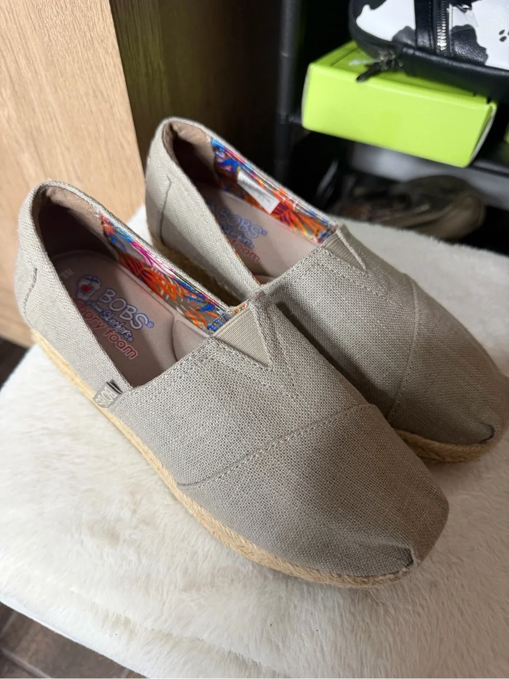 BOBS from Skechers Women's Cream Canvas‎ Espadrille Wedge Slip-On